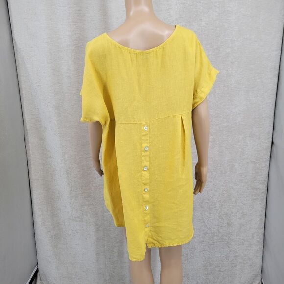 Terzo Millennio Italian Linen High Low Yellow Button-Back Blouse Lagenlook - Picture 6 of 11